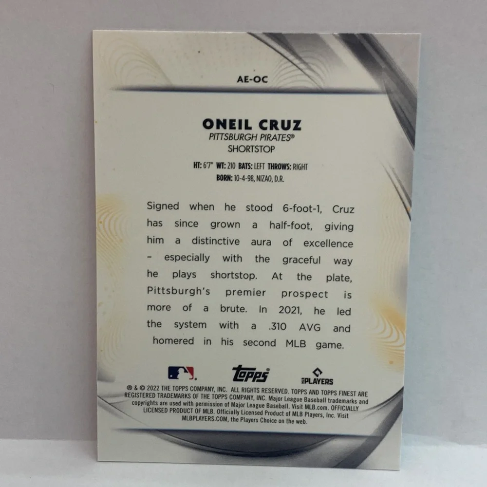 2022 Topps Finest Oneil Cruz Aura of Excellence Pirates RC #AE-OC (MISC7)